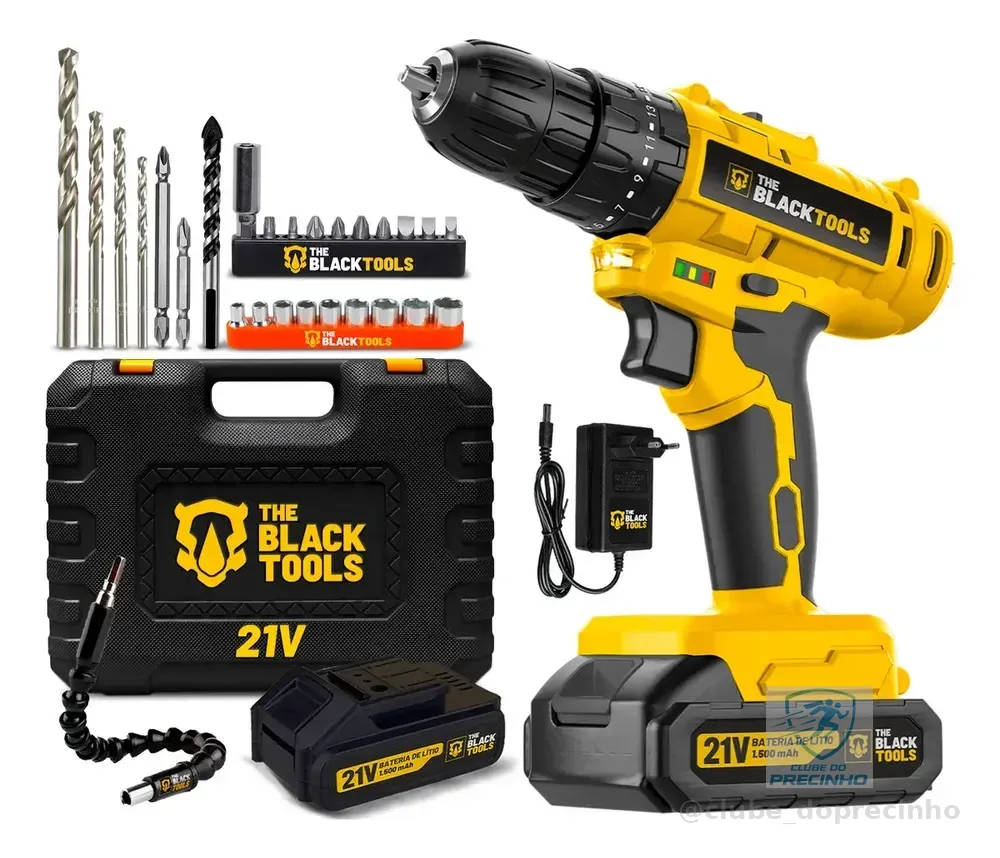 Parafusadeira Furadeira De Impacto A Bateria 21V 3/8” Bivolt 1400 Rpm Com Acessórios E Maleta TB-21PZW The Black Tools
