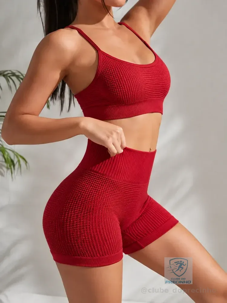 Conjunto Feminino Academia Top E Shorts Poliamida Demillus Carmim Microfibra De Poliamida Sem Costura Veste P E M Toque Gelado , Secagem Rápida