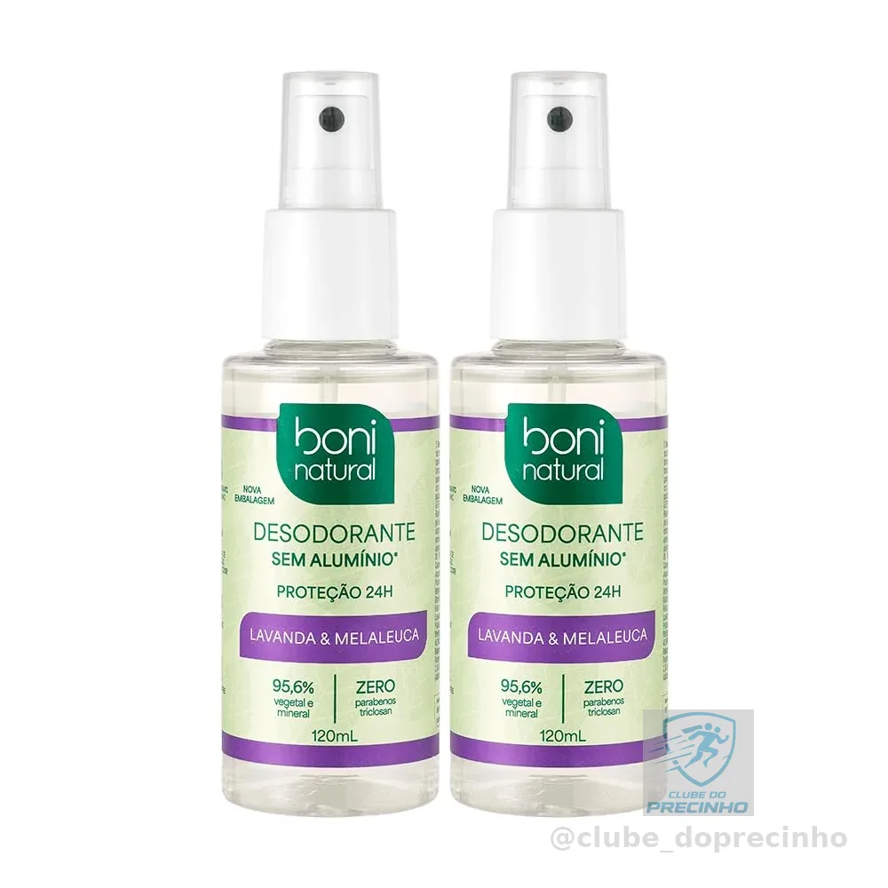 BONI NATURAL - Desodorante Spray Natural e Vegano com Óleos Essenciais de Melaleuca e Lavanda, 24 horas de proteção, Sem Alumínio, Sem Parabenos, Sem Triclosan, 120ml, 2 unidades Leve Mais Pague Menos