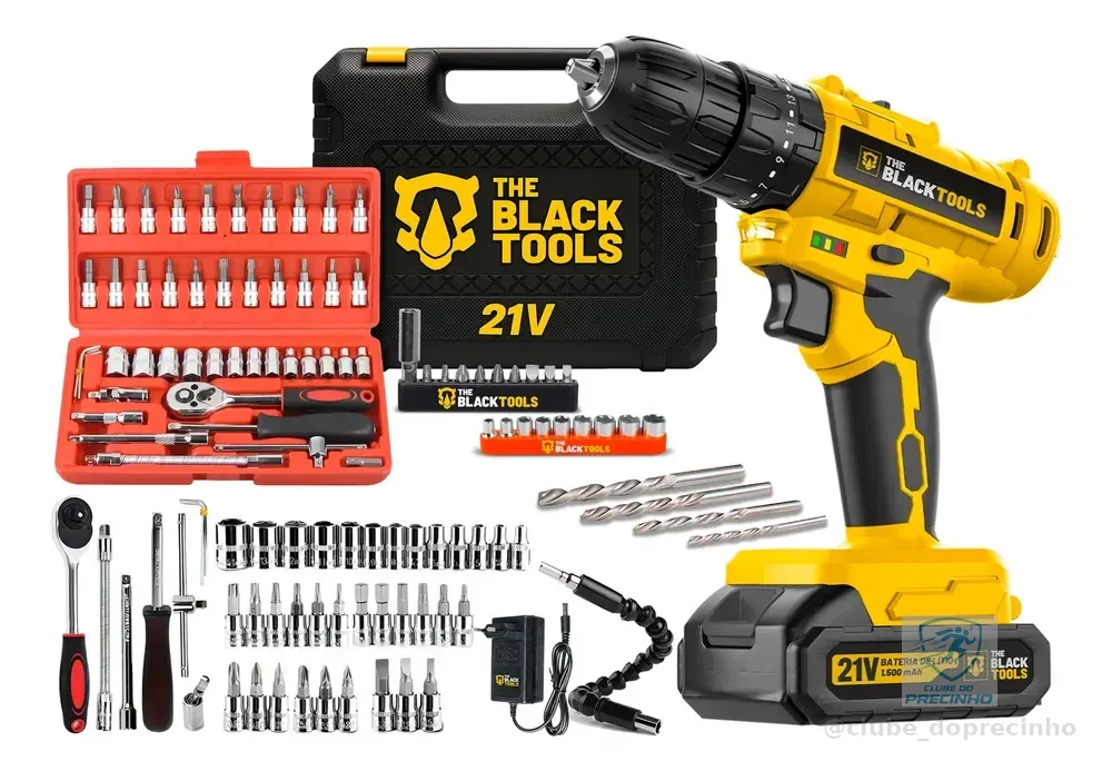 Parafusadeira Furadeira De Impacto Sem Fio 21v Com 46 Peças Amarelo 110v/220v 60hz