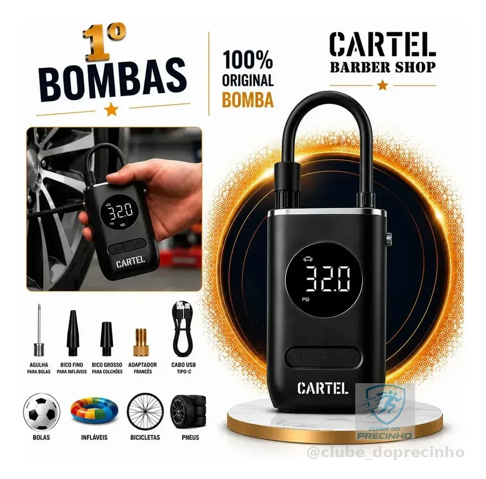 Mini Compressor Digital Portátil Cartel Barber Shop para Carro Moto e Bicicleta com Calibrador Digital Inflador Elétrico de Pneus 12V Display LCD Lanterna LED Compacto e Recarregável Preto