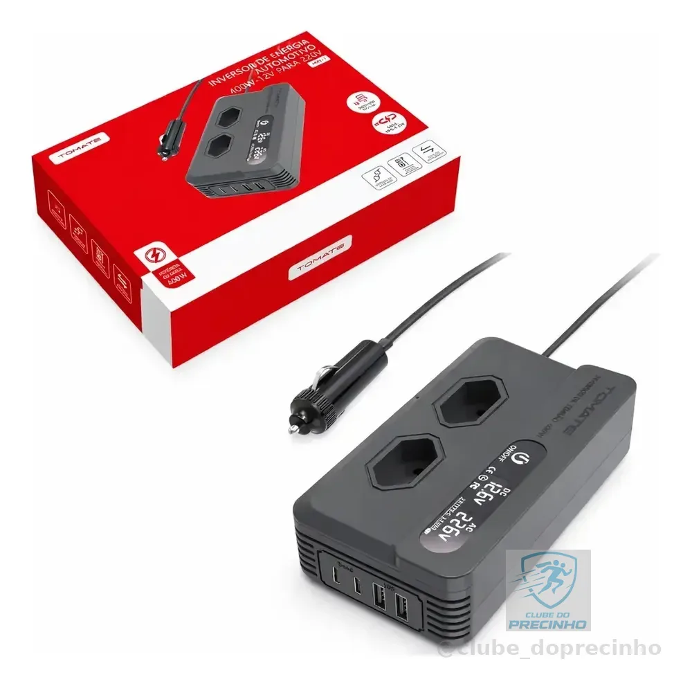 Inversor de Corrente Tomate 400W 12V para com Saída USB Tipo-C e Onda Senoidal Modificada