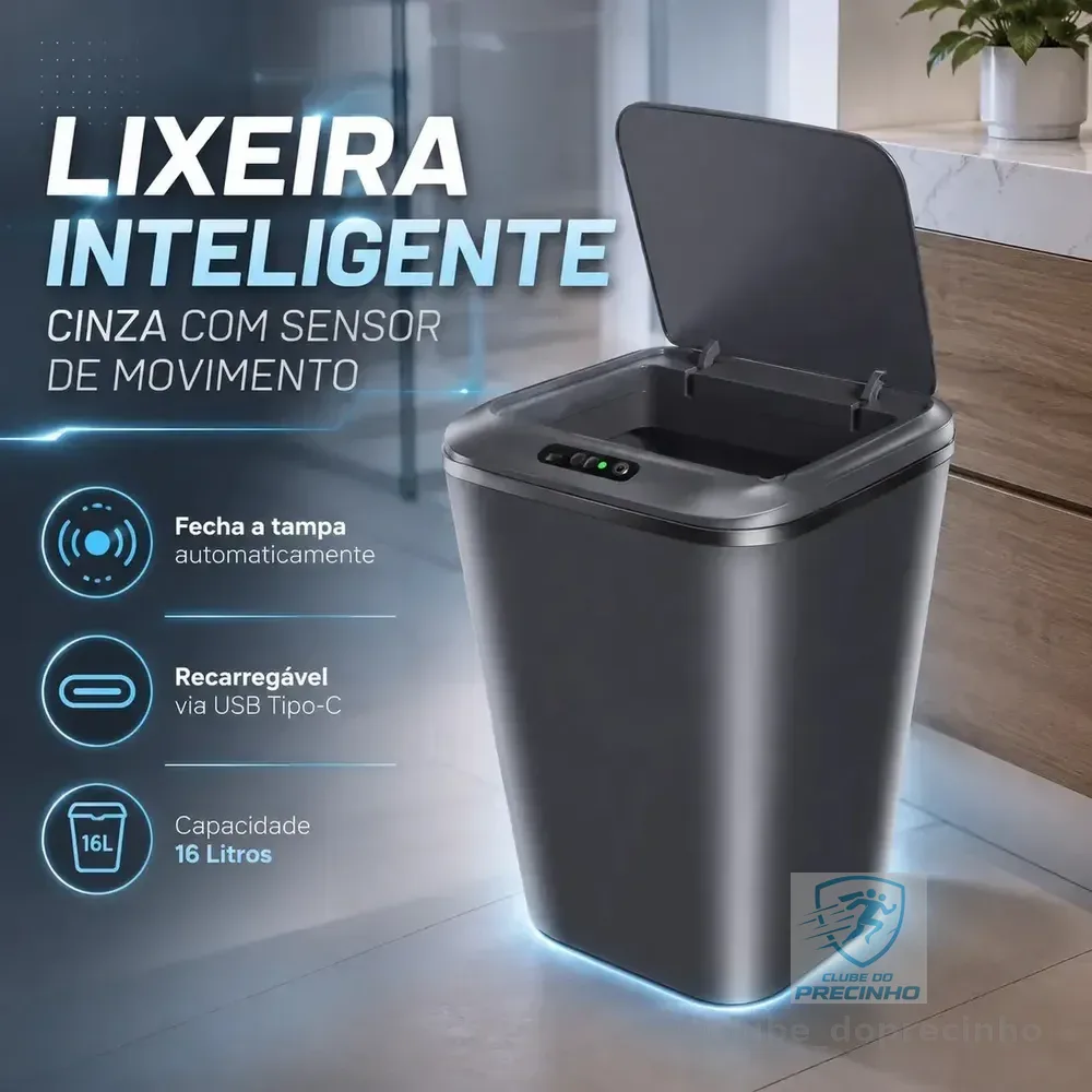 Lixeira Inteligente Automática Cinza Universal Com Sensor Recarregável Earman Company Anti Odor 16l Recarregável Usb