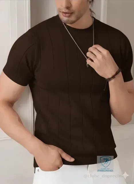 Blusa Masculina Básica Manga Curta Canelada Tricot Modal