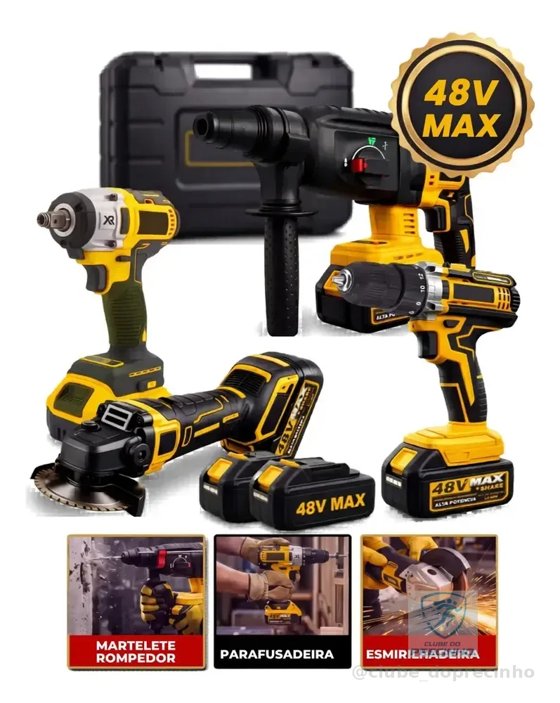 Kit Multi ferramentas 4 Em 1 48V Sem Fio Com 2 Baterias Furadeira Parafusadeira Martelete Esmerilhadeira Chave De Impacto Com Maleta Alta Potência Uso Profissional Doméstico Multiferramentas Hardline