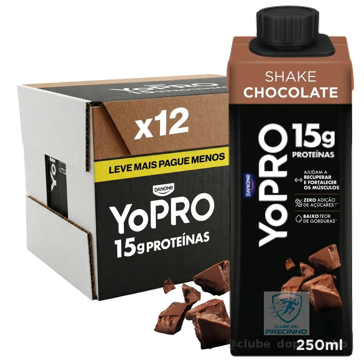 YoPRO Bebida Láctea UHT Chocolate Líquida Caixinha 250ml - 15g de Proteínas - Sem Lactose - Pack com 12 Unidades