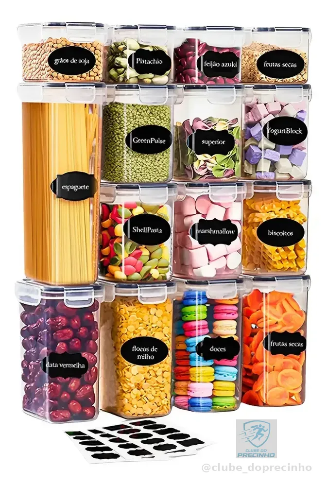 Kit 15 Potes Herméticos Organizadores De Mantimentos Para Cozinha E Despensa Vasilhas Transparentes Empilháveis Com Tampa Vedação Em Silicone Conserva Alimentos Frescos Por Mais Tempo