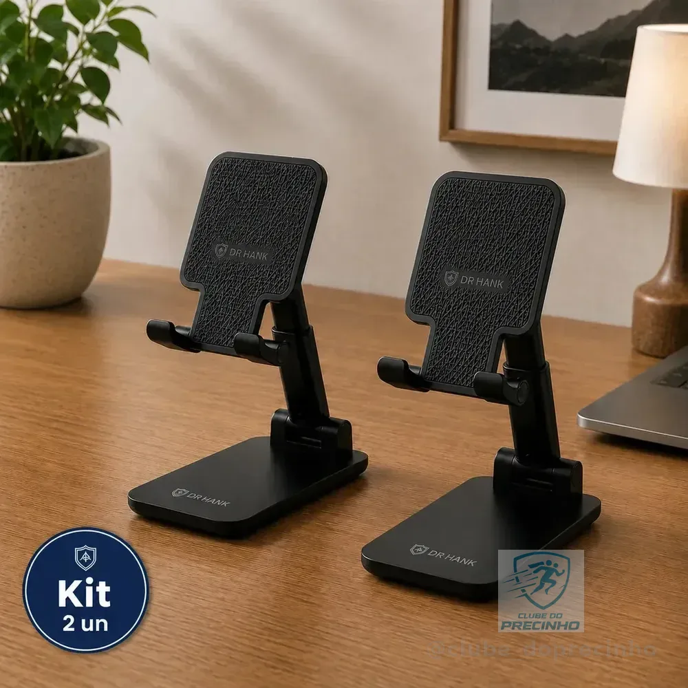 Kit 2 Suportes Celular Tablet De Mesa Ajustável Dobrável Universal Dr Hank Preto E Preto Base Antiderrapante Suporte E