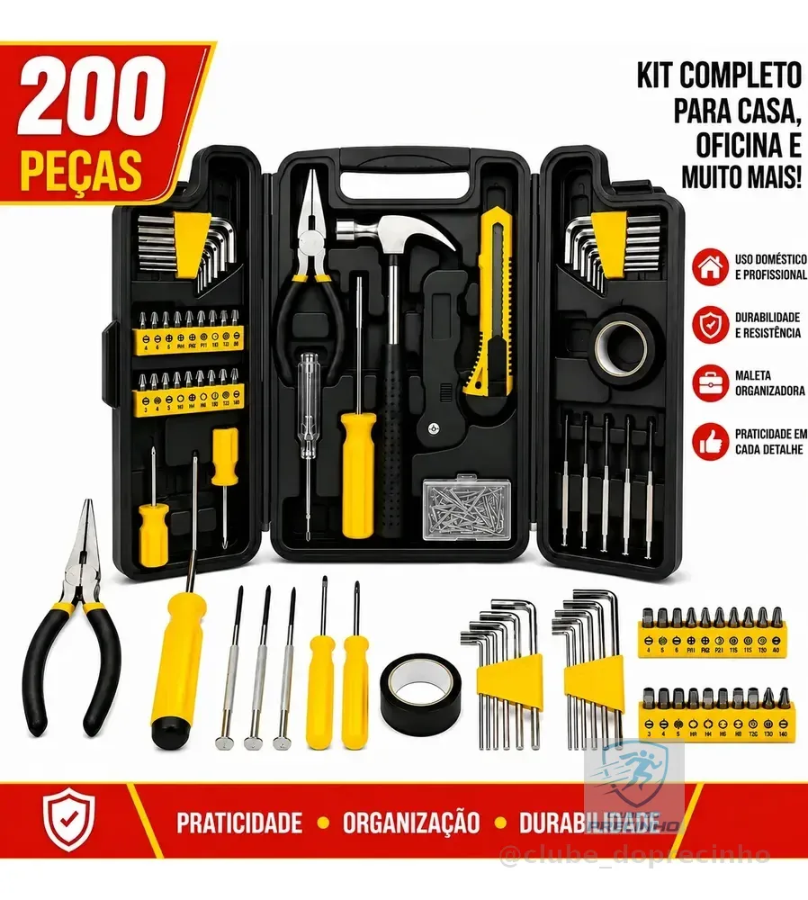 Kit Maleta Jogo Ferramentas Completa 200 Peças Aço Chaves Preto