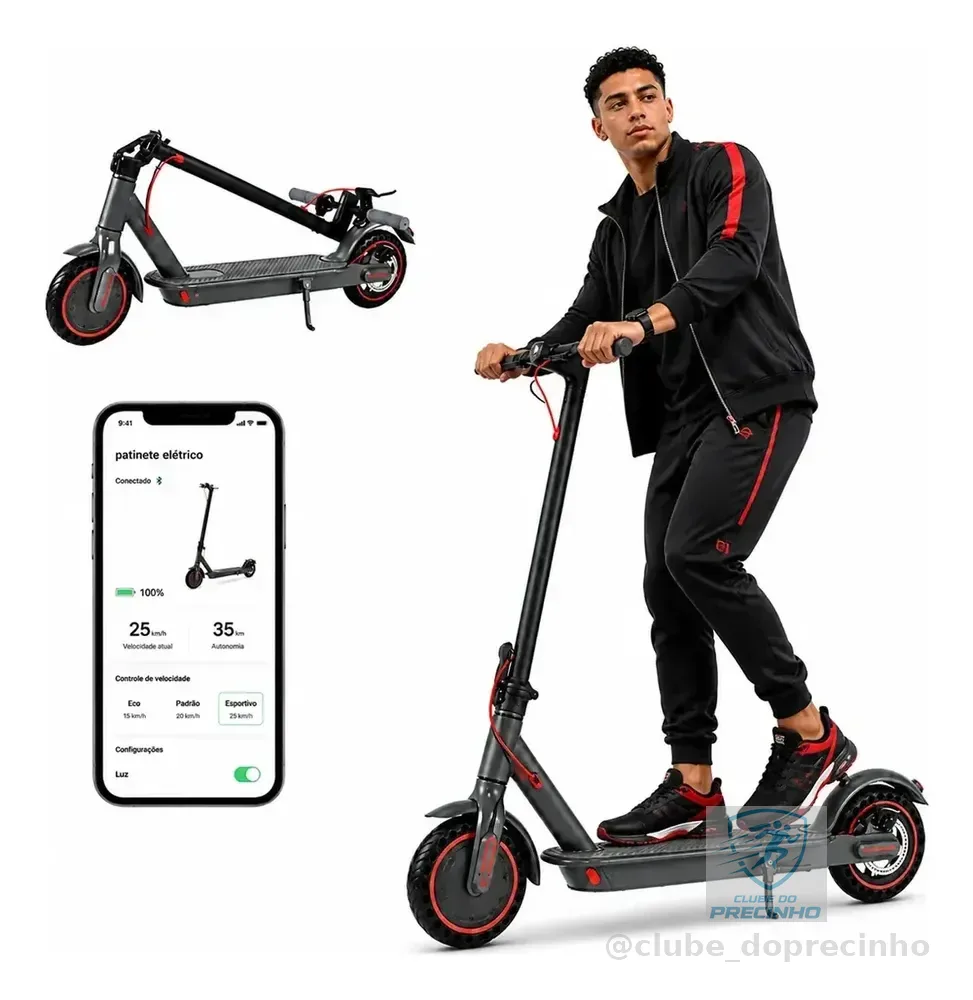 Patinete Elétrico Com Amortecedor E App Gps Bateria Dobrável Preto Com Vermelho