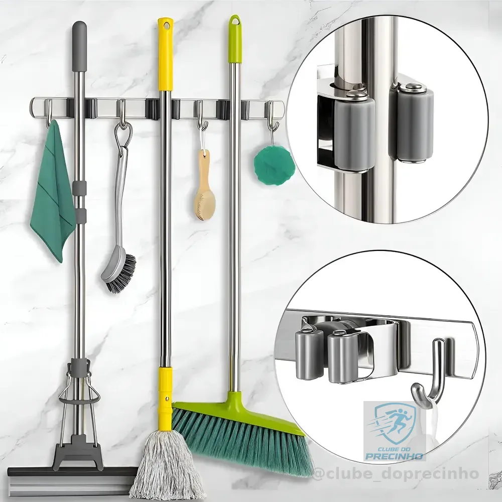 Suporte Vassoura Inox 9 Acessórios Grande Porta Vassoureiro Prateado