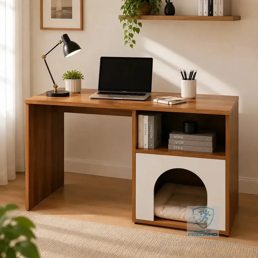 Escrivaninha Jade Para Computador/notebook Home Office Com Espaço Pet E Nicho Mesa De Escritório Compacta Para Estudo Cor Canela/Off White