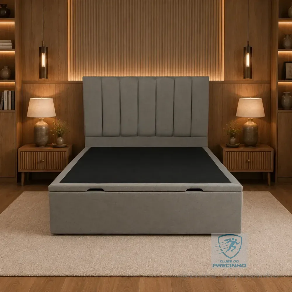 Cama Base Box Baú Casal Sb Estofados Com Cabeceira Em Linho Cinza