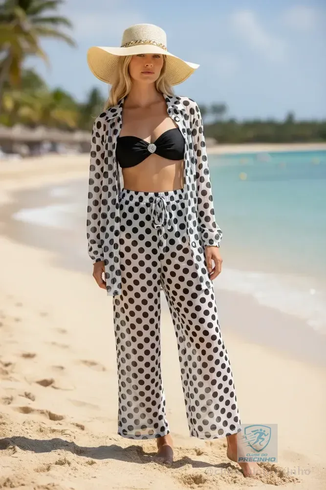 Conjunto Saída De Praia Em Tule - Camisa E Calça Estampados Poá Branoc Unico