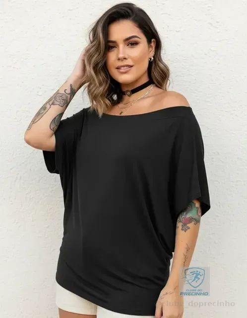 Blusa Red Blue Feminina Canoa Manga Morcego Curta Ampla