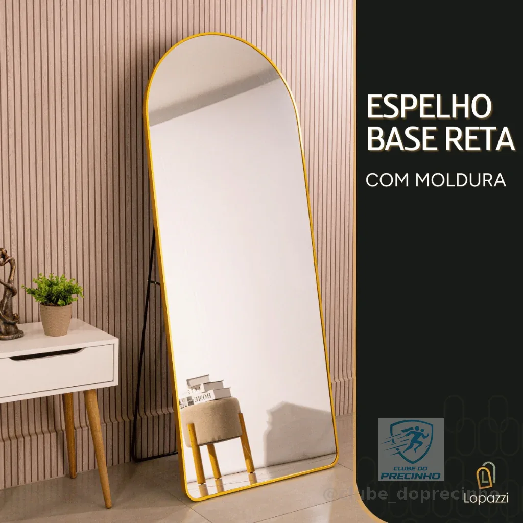 Espelho Lopazzi Base Reta Corpo Inteiro 170x70 Com Suporte de Chão Moldura Alumínio Quarto Sala Decorativo