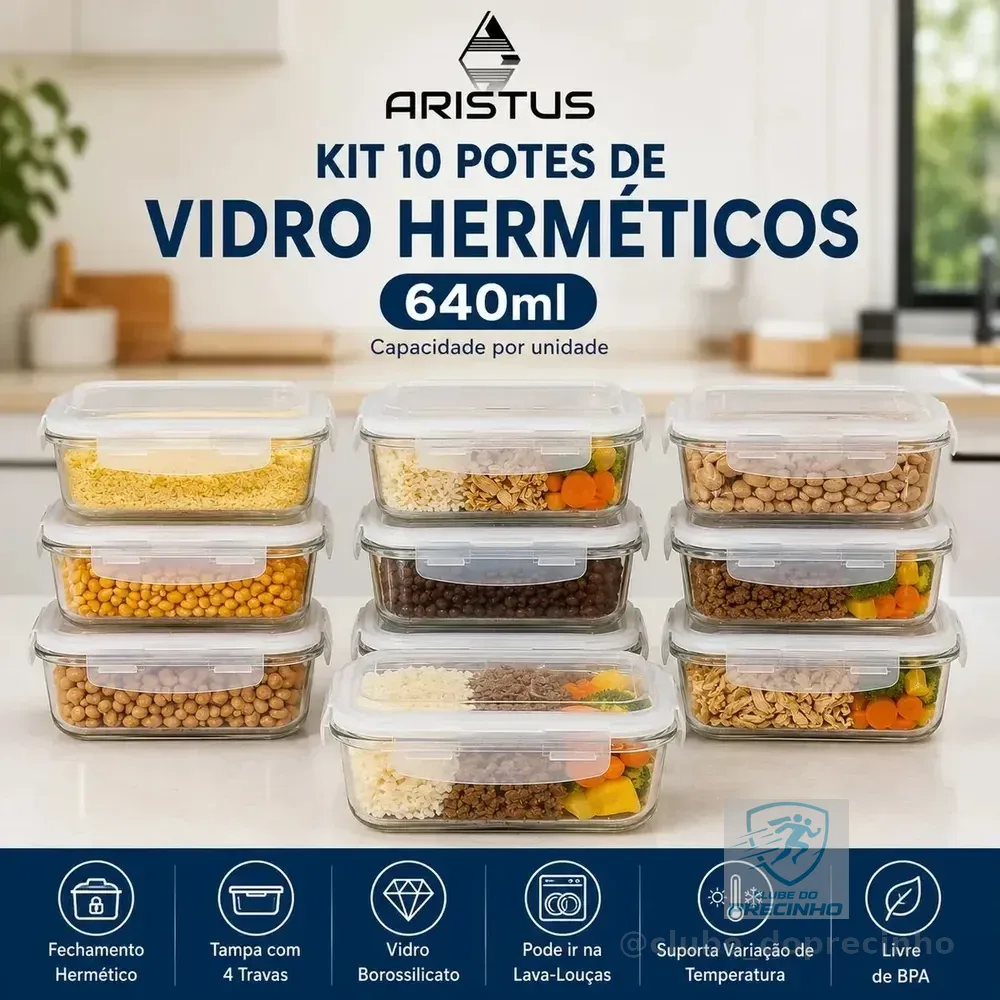 Kit 10 Potes Vidro Hermético Aristus 640ml Marmita Anti Vazamento Forno Micro-ondas Freezer Tampa 4 Travas - Branco