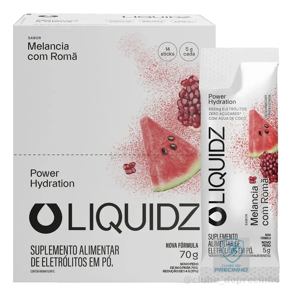 LIQUIDZ® - Eletrólitos Zero Açúcares - Sabor Melancia com Romã - Kit 1 Caixa - 14 sachês