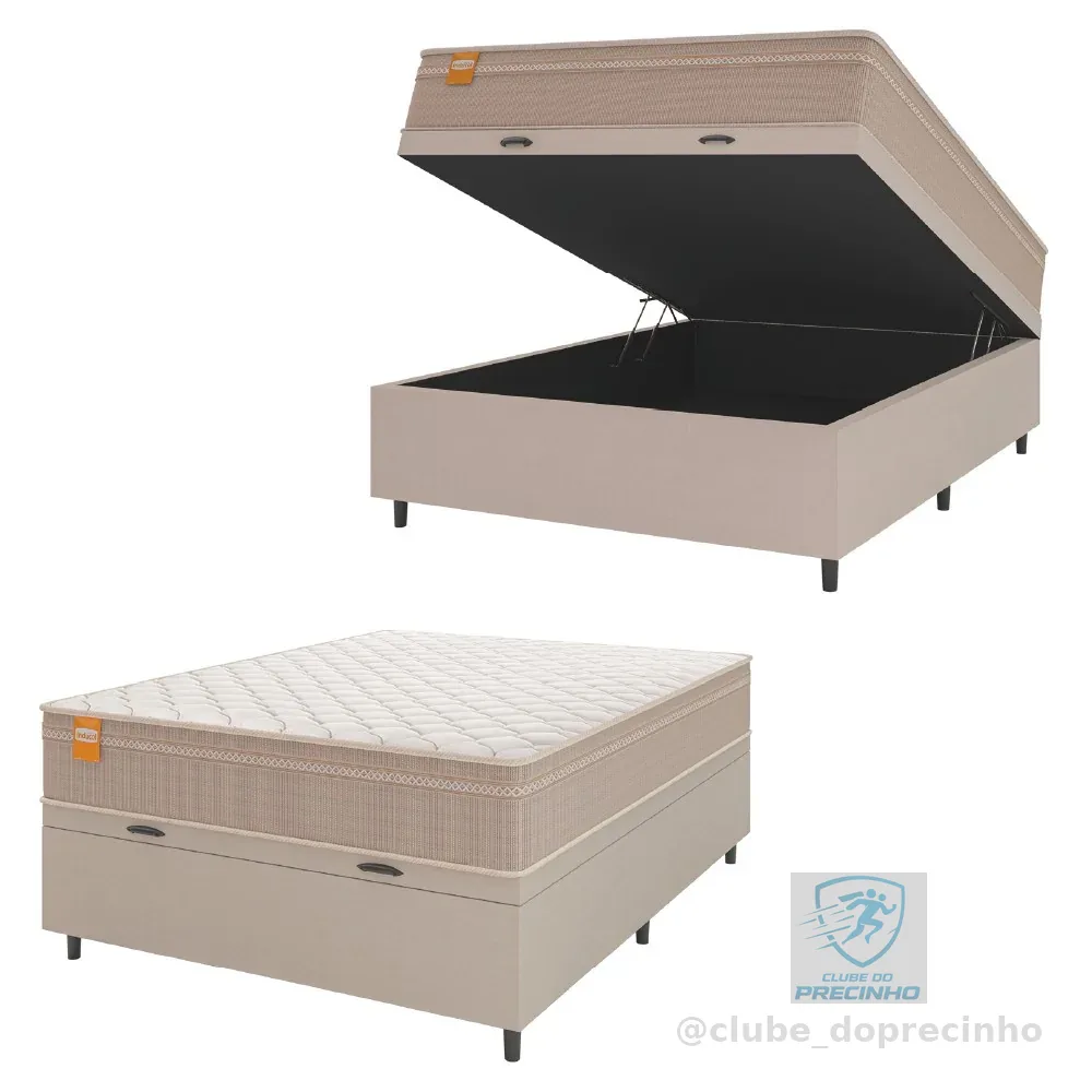 Cama Box Baú Casal Colchão Molas Qatar 138x188x63cm Bege/Branco Inducol - Suporta Até 200 Kg Por Pessoa