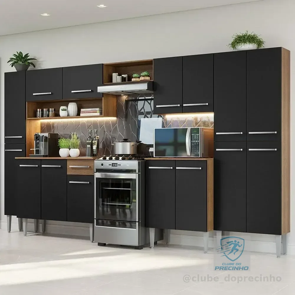 Armário De Cozinha Completa 325cm Rp Emilly Madesa 02 Cor Rustic/Preto