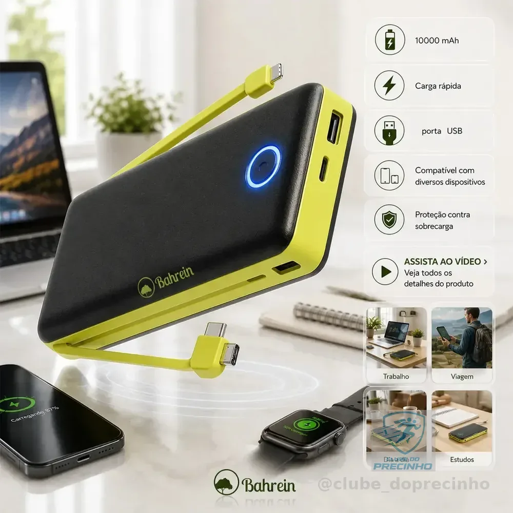 Power Bank 10000mah Carregador Portátil Turbo Rápido Universal Celular - Melhor Carregador Portátil Compatível Com iPhone Notebook Relógios Android Mac Ios Samsung Apple 10000mah - Marca Bahrein
