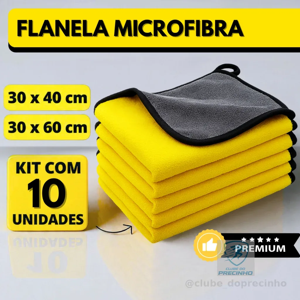 Kit 10 Flanela Microfibra Automotiva 30x40 30x60 600GSM Premium Para Lavagem de Carro