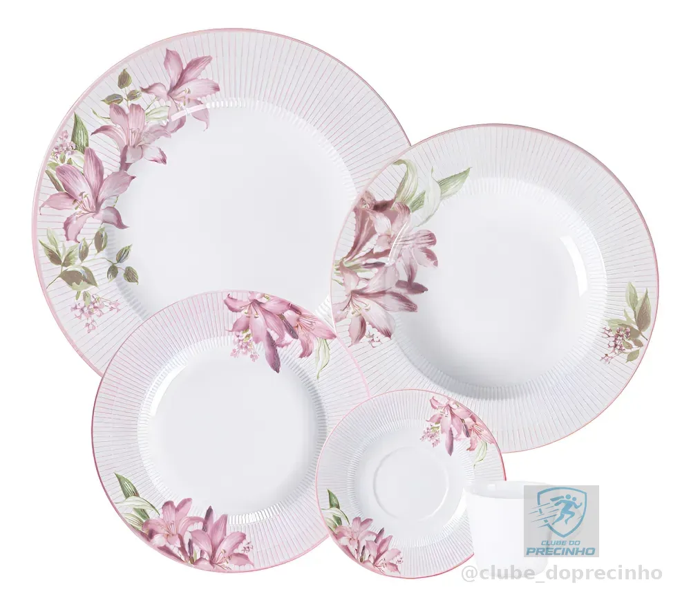 Aparelho Jantar Dominique Em Porcelana 20 Peças Tramontina Branco Com Rosa Florido