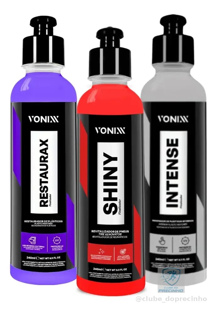 Kit Proteção Automotiva Vonixx Shiny Restaurax Intense 240ml Pneus e Plásticos