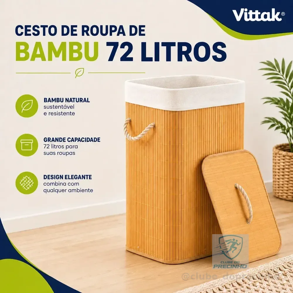 Vittak Cesto De Roupa Bambu 72 Litros Dobrável Retangular Com Tampa E Forro