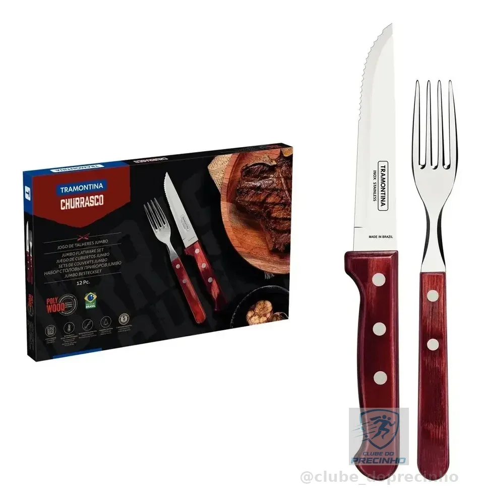 Jogo de Talheres Jumbo Churrasco com Lâminas em Aço Inox e Cabos de Madeira Polywood Vermelho 12 Peças Tramontina