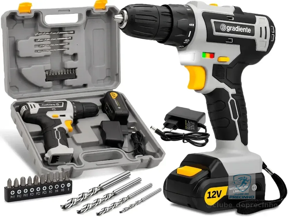 Parafusadeira Furadeira Sem Fio A Bateria 12V 3/8 Pol. 10mm Gradiente Profissional Com Maleta Brocas e Bits