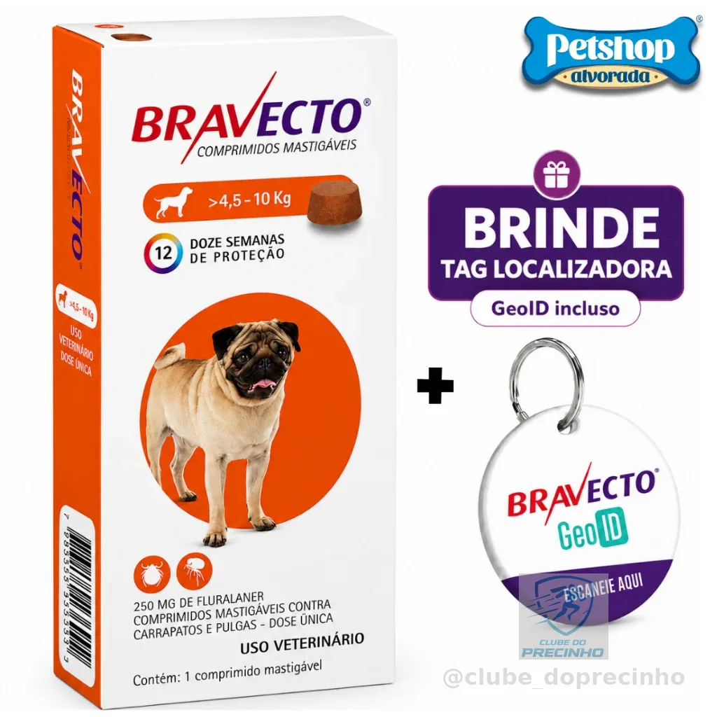 Bravecto De 4,5 A 10kg 250mg Antipulgas e Carrapatos Para Cachorro + Brinde