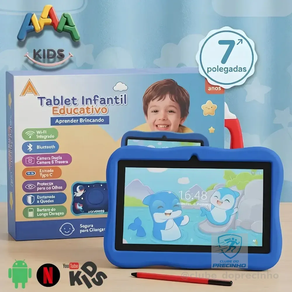 Tablet Infantil Educativo de 7" com Wi-Fi, Android 13 e Capa Astronauta Azul