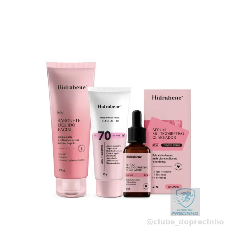 Kit Clareador Facial - Sabonete Líquido + Protetor Solar Clareador 70 FPS + Sérum Multicorretivo Clareador