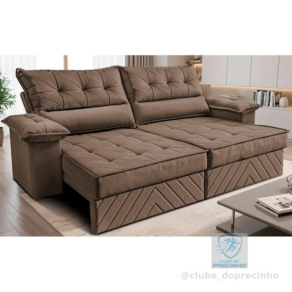 Sofá Retrátil e Reclinável 2,10m com Molas e Espuma D33 Thunder. Velusoft Cama inBox