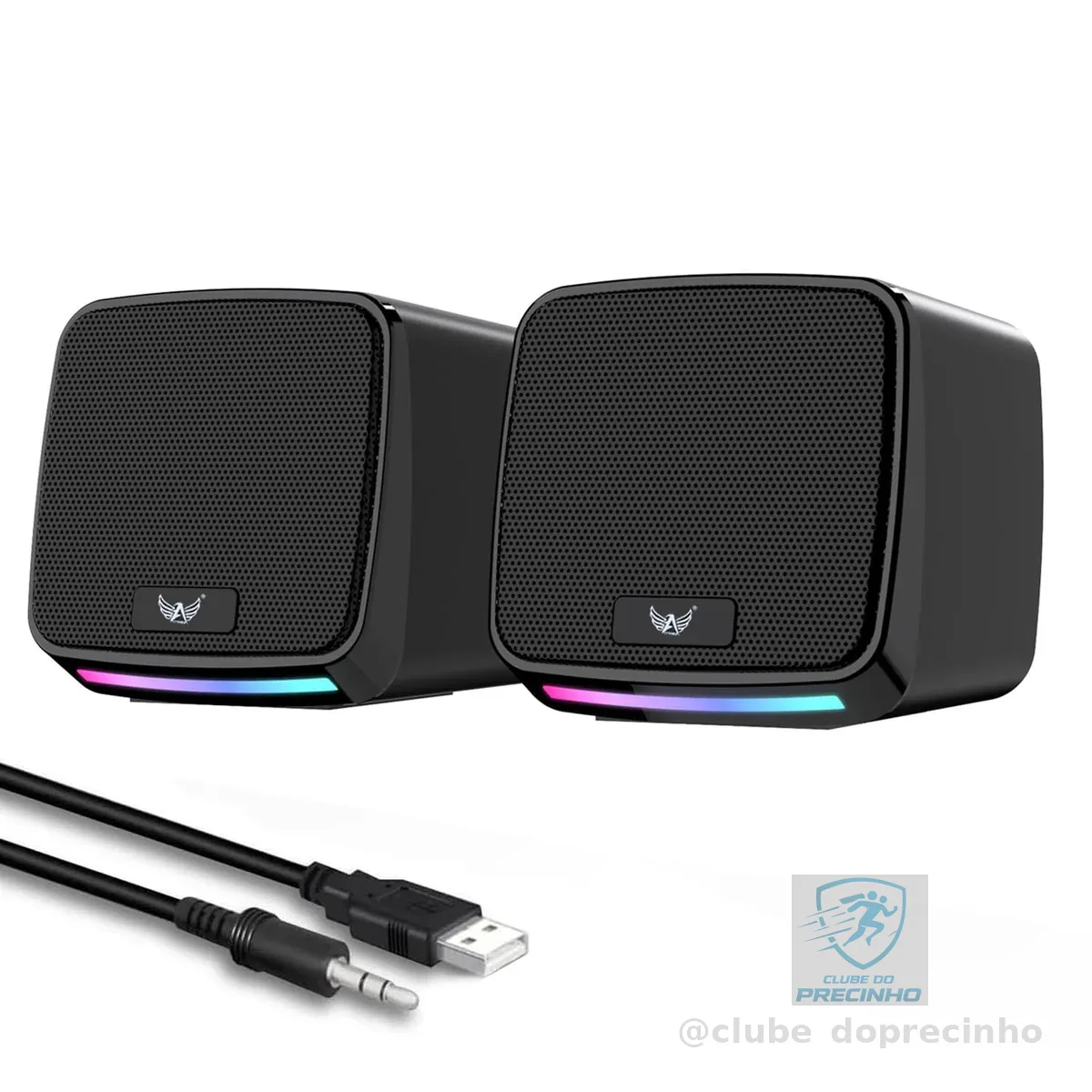 Alto-falantes RGB para PC, alimentação USB, conector de áudio de 3,5 mm, compacto, preto