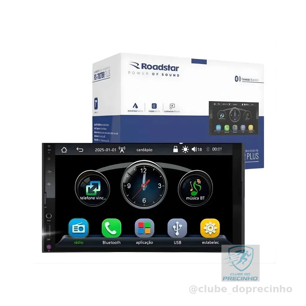 Multimídia Mp5 Carplay Tela 7" Polegadas USB Bluetooth Carplay e Android Auto Roadstar - RS7007BR MI