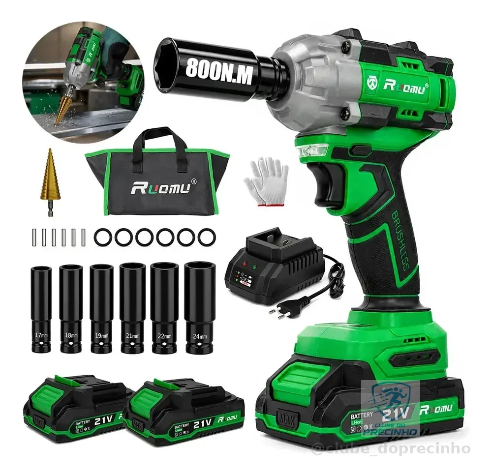Chave De Impacto 800 N·m Brushless 1/2" 21v 2 Bateria furadeira de impacto