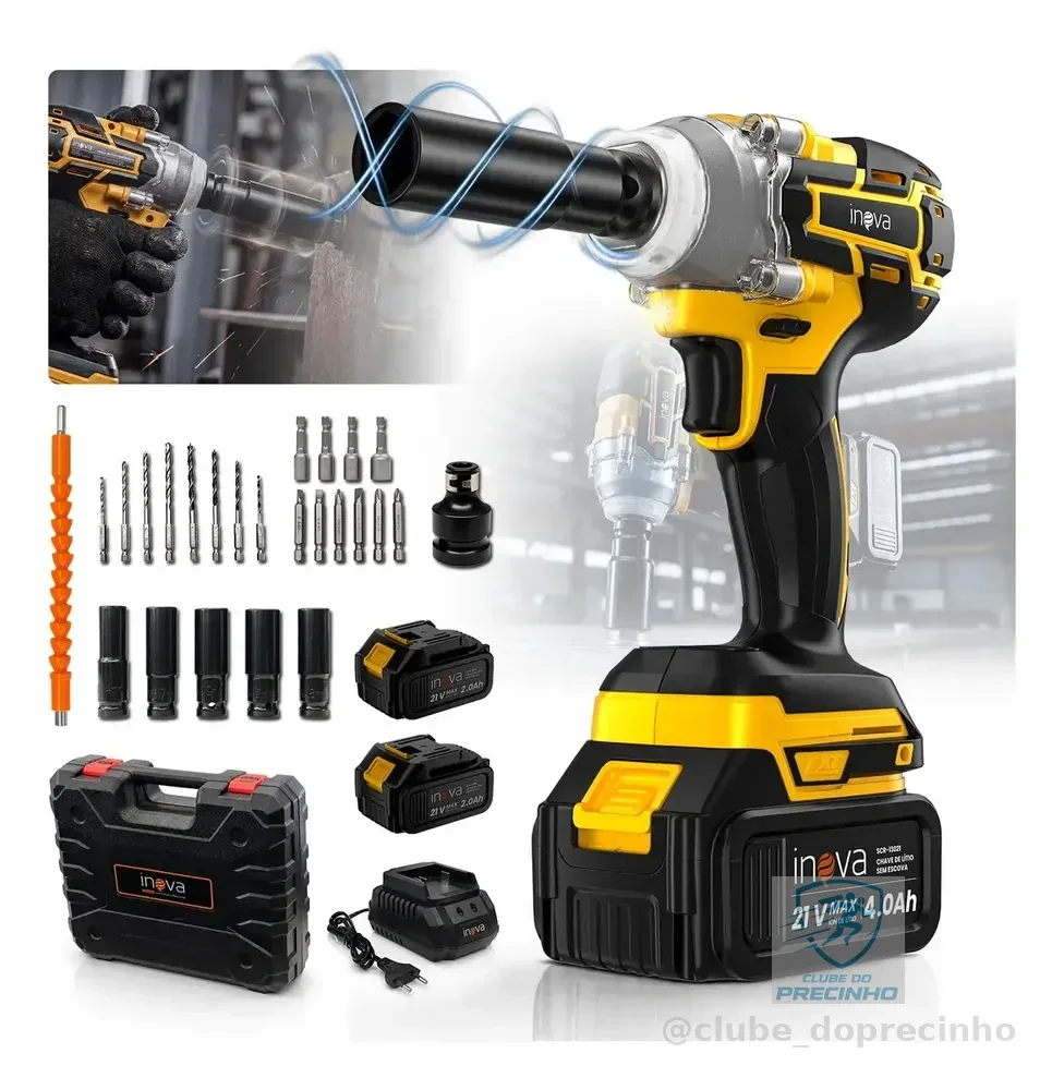 Chave de Impacto Inova sem Fio 21V, Kit com 2 Baterias e Torque de 300 Nm