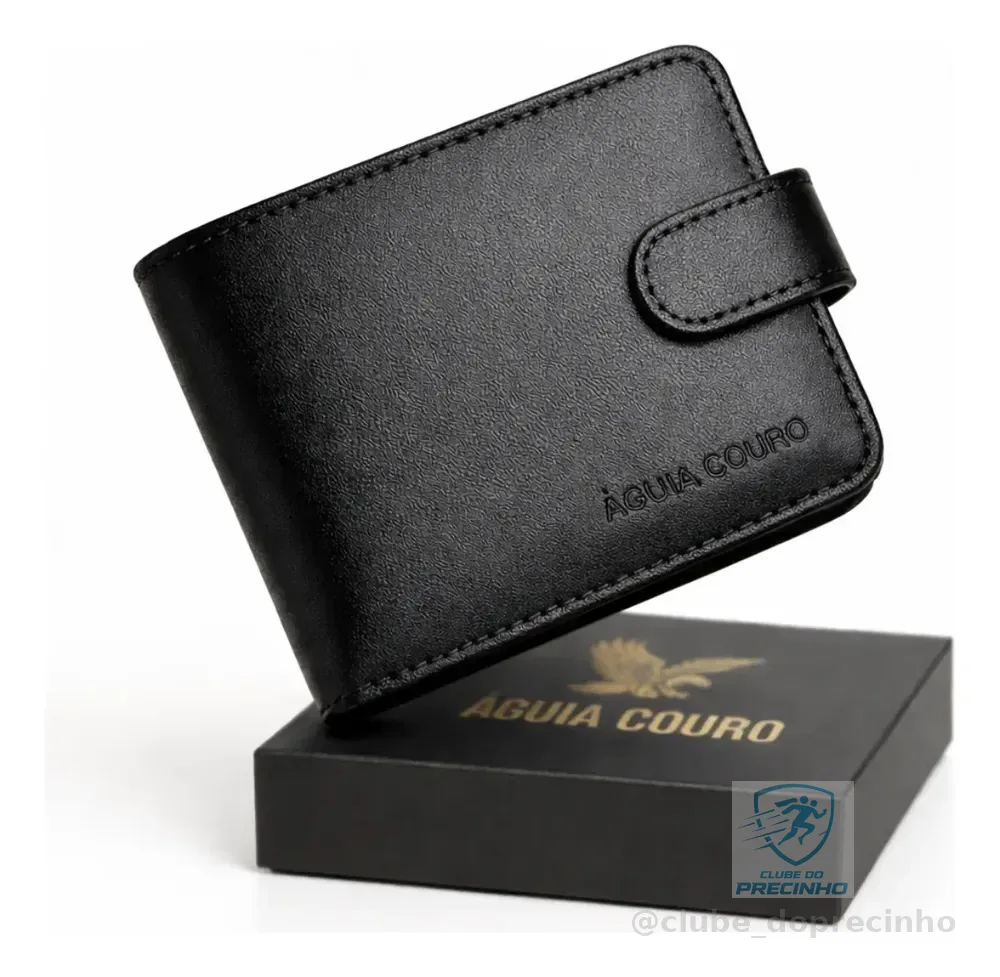 Carteira Masculina Legítimo Águia Couro Com Fecho Preto Home Preto Liso