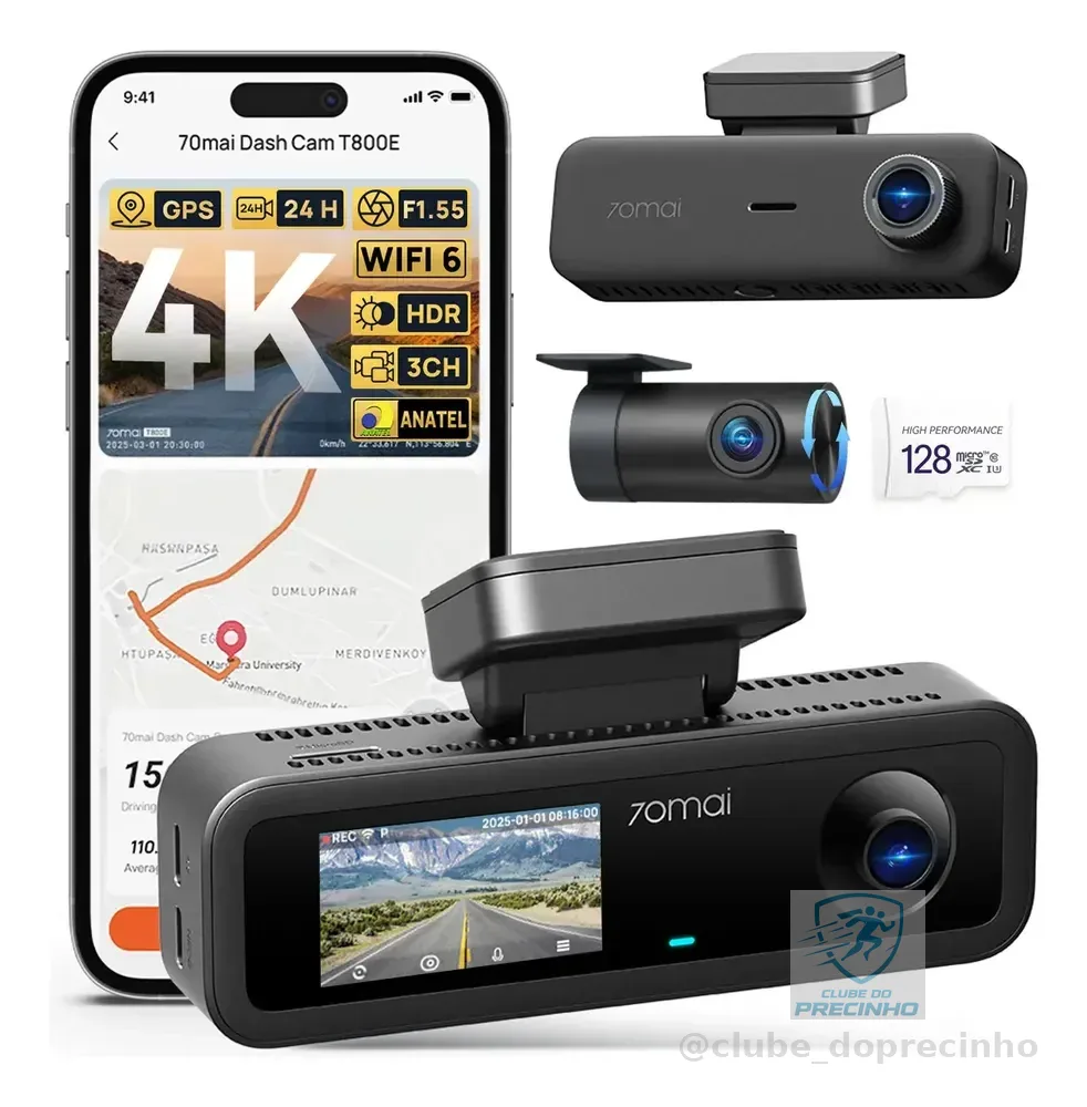 Câmera Veicular 4k Hdr 3 Canais 70mai T800e-1 Gps 24h App T800e-1 Com Sd 128g