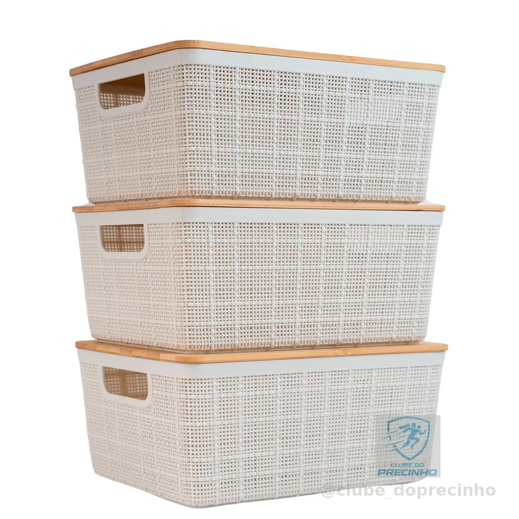 Kit 3 Caixas Organizadoras 4 Litros Brancas C/ Tampa Bambu Oikos