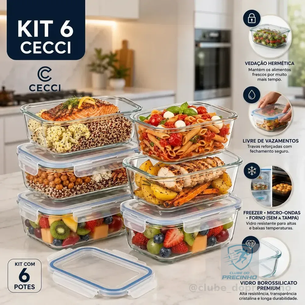 Kit 6 Potes de Vidro Herméticos Retangulares 640mL com Tampa para Marmita e Freezer