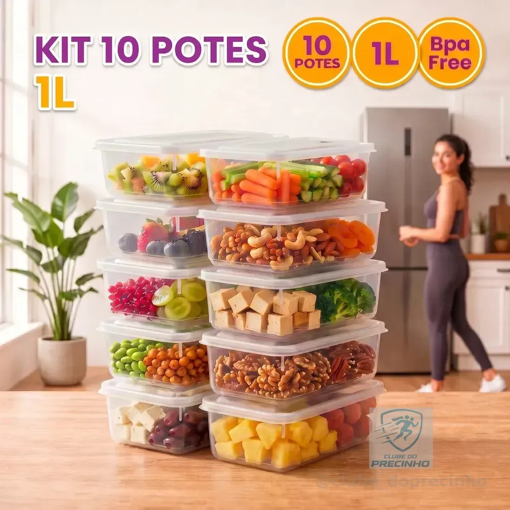 Kit 10 Potes 1 Litro Transparente Marmita Fitness Bpa Free Tampa Hermética Reutilizável Micro E Freezer ponte lar utilidades