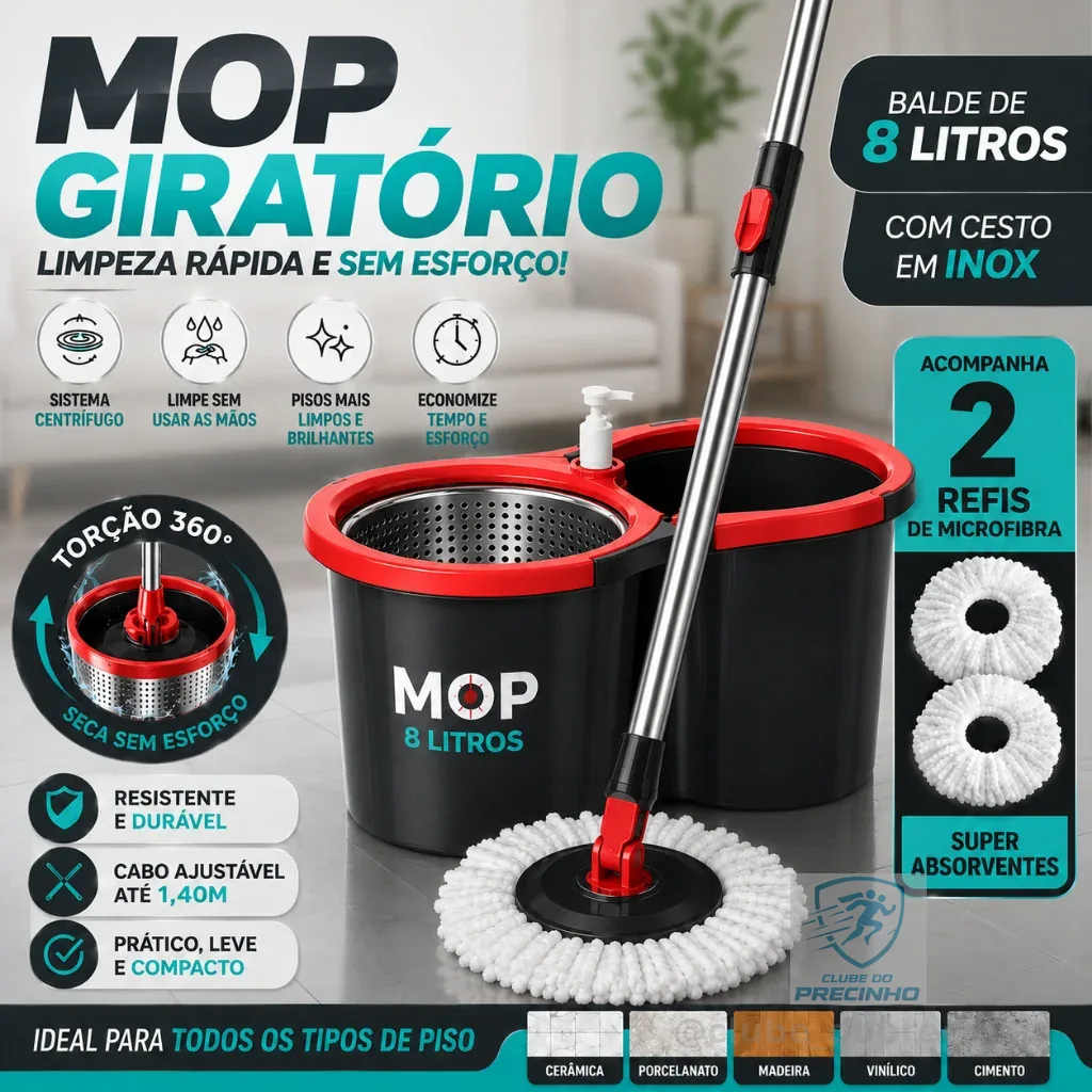 Mop C/ Cabo de 140 cm + 2 Refis - 8 Litros Cesto Em Inox - Balde Centrífuga - CH