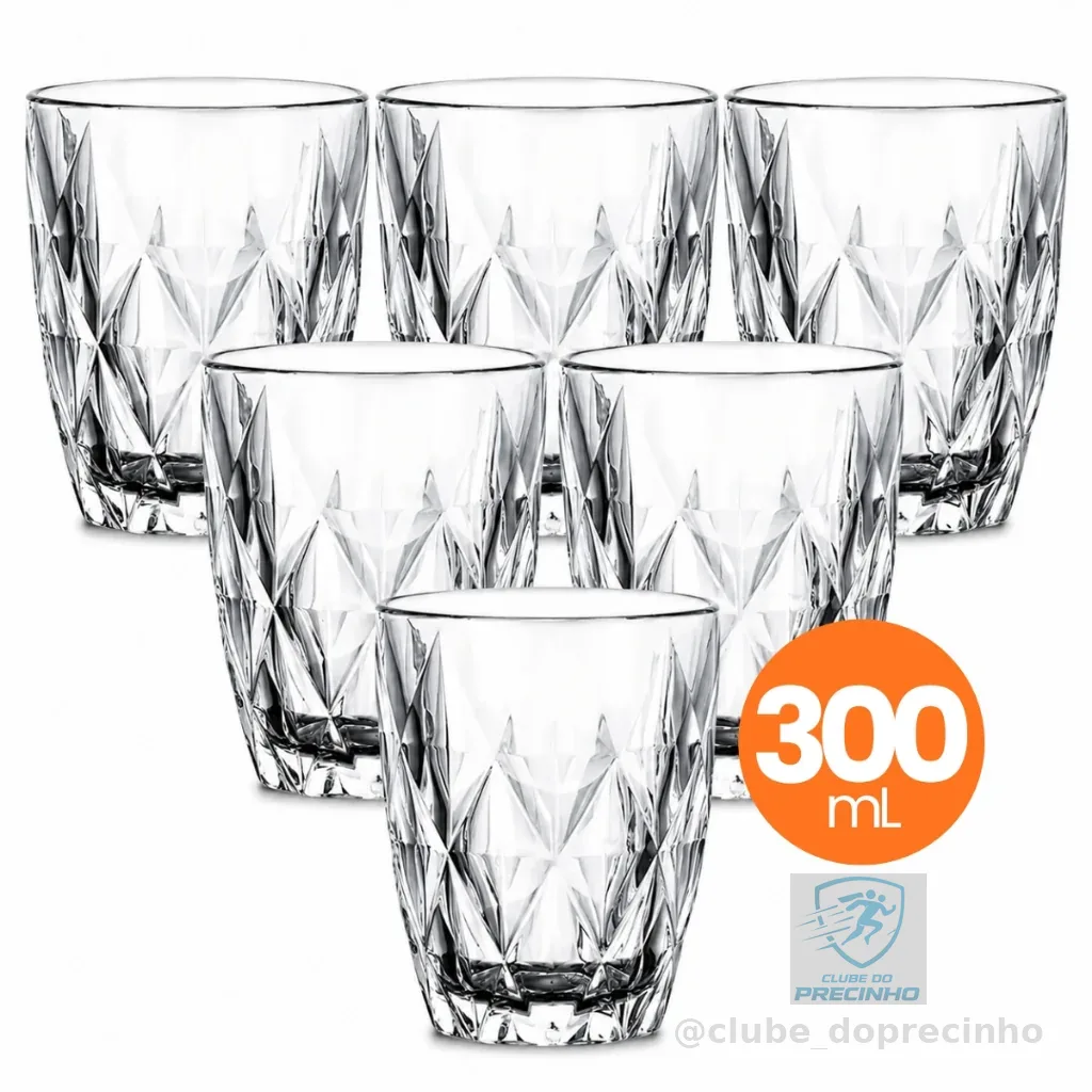 Jogo 6 Copo Vidro Diamond 300ml Conjunto Mesa Posta Água Suco Cozinha Decoração Presente