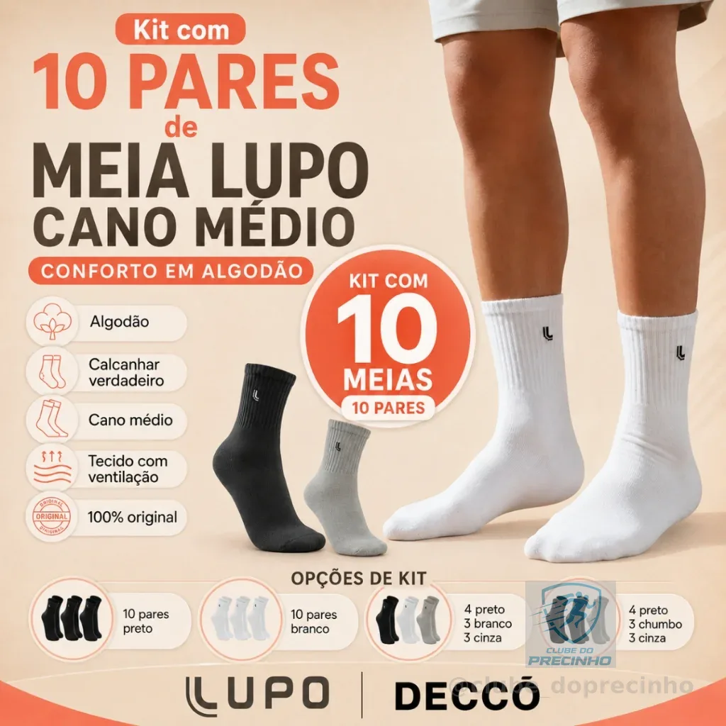 Kit De 10 Pares De Meias Lupo Cano Médio Unissex Em Algodão Tamanho 37 ao 44