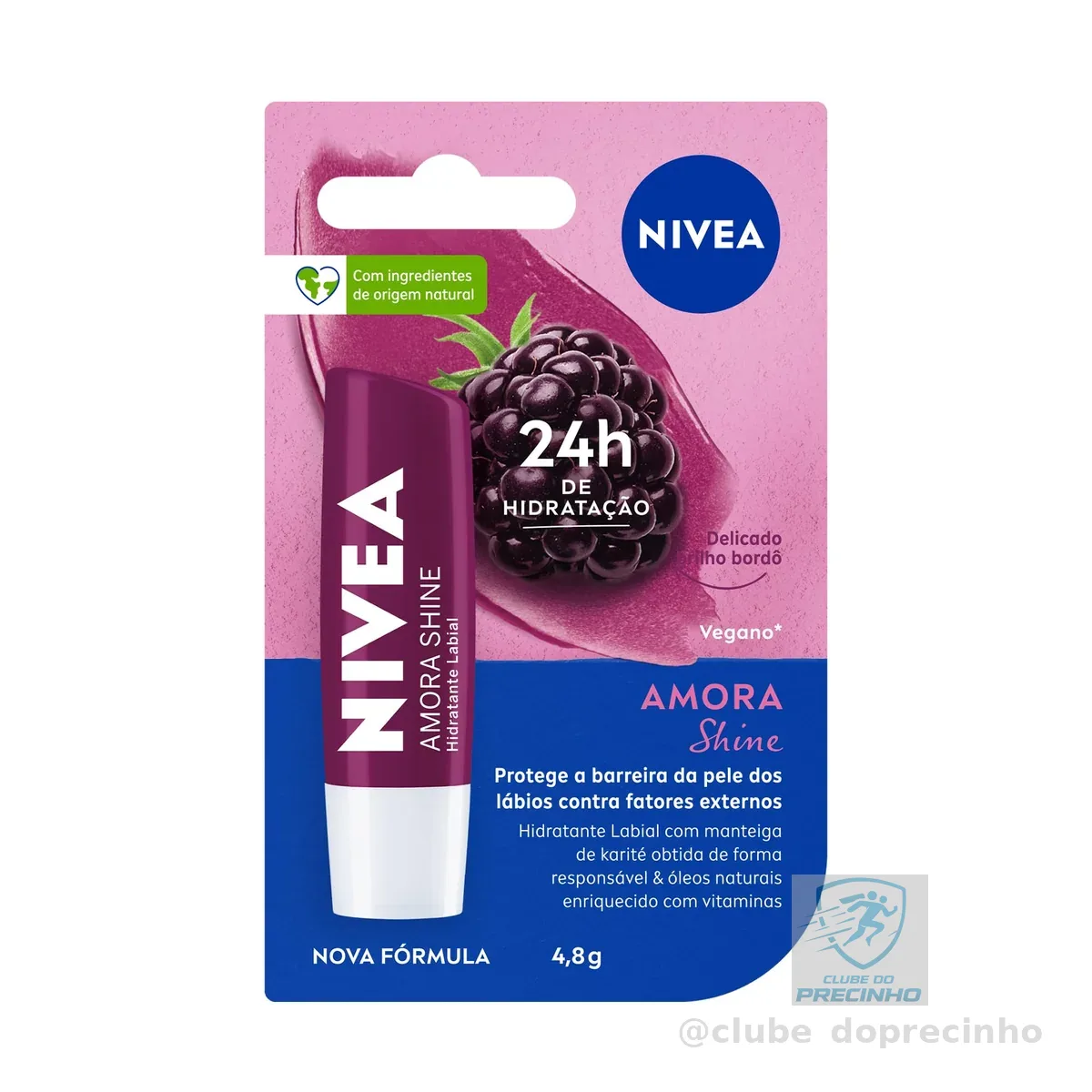 NIVEA Hidratante Labial Amora Shine 4,8g, Hidratação Intensa 24h, Cor Suave, Brilho Delicado, Cuidado Diário, Manteiga de Karité