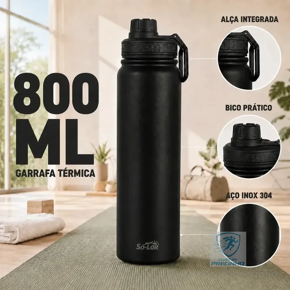 Garrafa Térmica 800ml Isolada A Vácuo Squeeze Aço Inox 304 para Água Gelada Esporte Academia com Alça e Bico Preto Sólar
