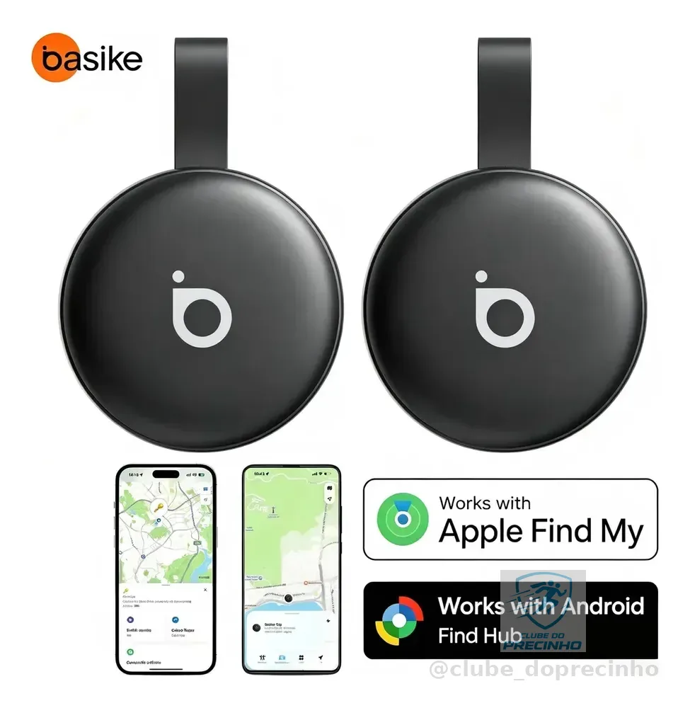 Basike Mini Localizador Smart Tag Rastreador GPS Compatível iPhone Apple Find My e Android Find Hub Alarme Sonoro 100dB Bateria 12Meses para Pets Chaves Mochilas Carro Moto Mala Bicicleta Carteira2KIT